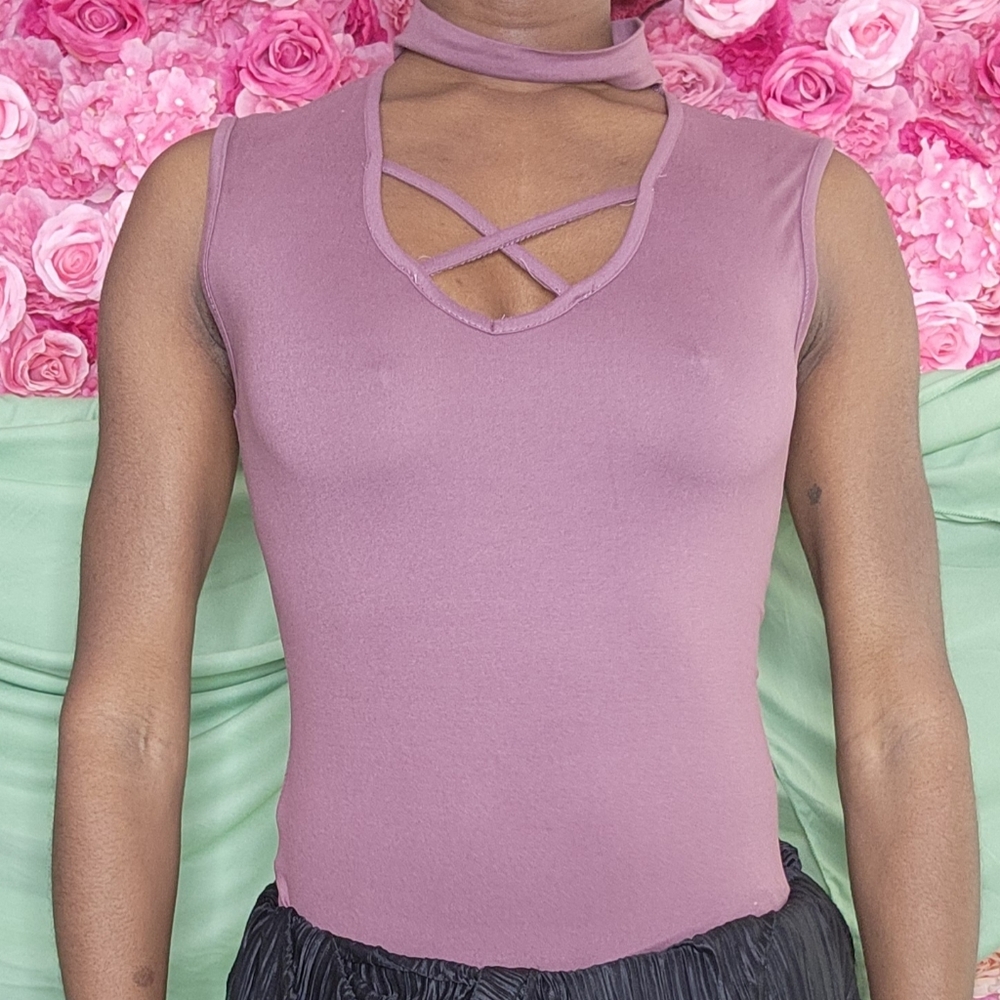 Mauve Sleeveless Crisscross Mock Neck Top